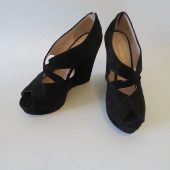 PRADA BLACK SUEDE OPEN TOE WEDGE SANDALS SIZE 37.5 - Picture 1 of 6